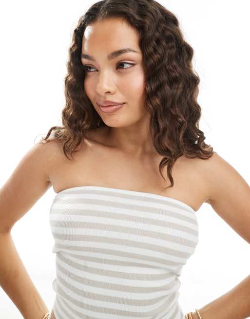 Vero Moda Petite - Tube top van geribbelde jersey in beige, deel van co-ord set, 3 van 4