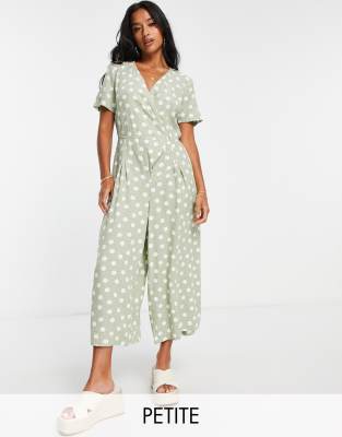 Vero Moda Petite wrap front jumpsuit in sage spot - ASOS Price Checker