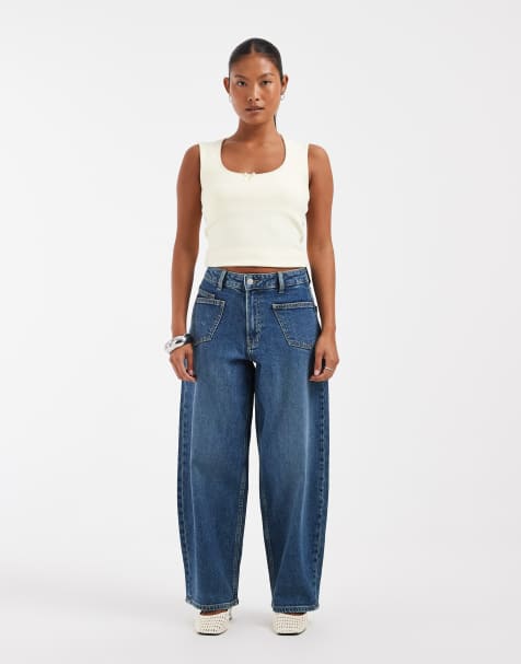 Vero Moda Petite - Vaqueros barrel leg de talle alto con detalle de bolsillo en denim azul medio - view 1