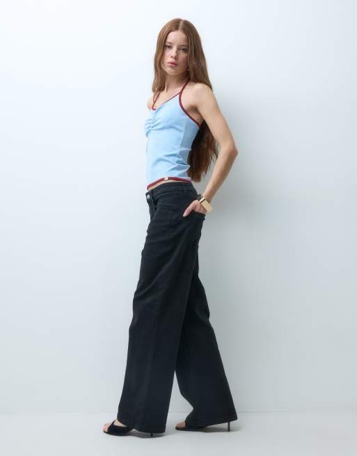 Vero Moda Petite vaqueros de pierna ancha de talle alto en denim negro, 2 de 5