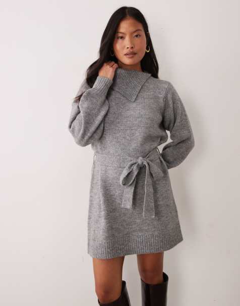 Vero Moda Petite vestido mini de punto de manga larga con escote con abertura y cintura con lazo en gris - view 1