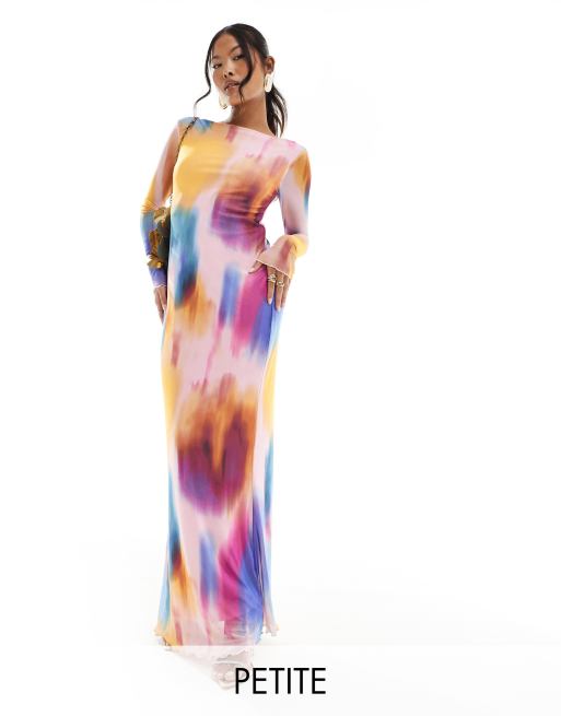 Vero Moda Petite - Vestito a maniche lunghe in rete con stampa multicolore sfocata