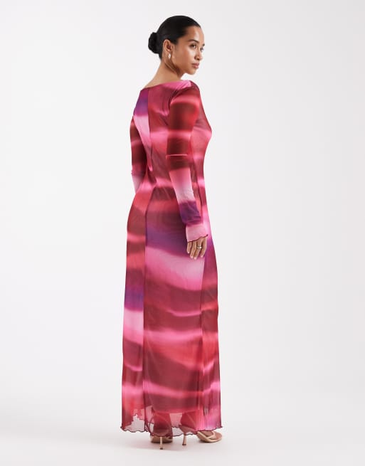 Vero Moda Petite - Vestito lungo a maniche lunghe in rete rosa con stampa astratta, 4 di 4