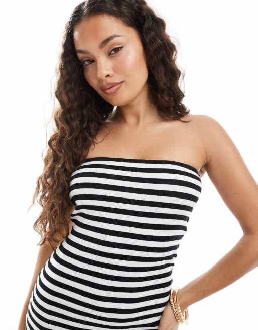 Vero Moda Petite - Vestito lungo senza spalline in jersey a coste a righe monocromatiche, 3 di 4