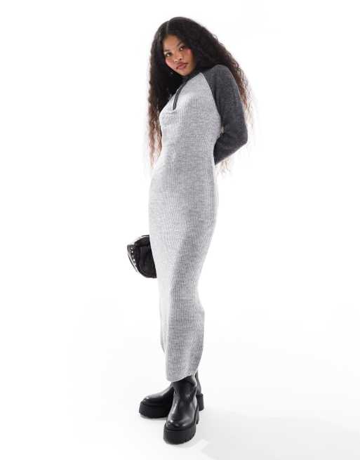 Vero Moda Petite - Vestito maglia grigio colorblock con zip sul davanti e colletto stile polo