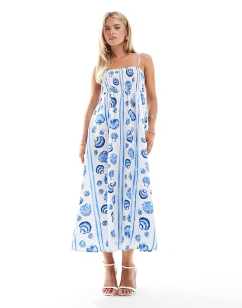 Vero Moda Petite - Vestito midi con spalline sottili blu con stampa di conchiglie - view 1