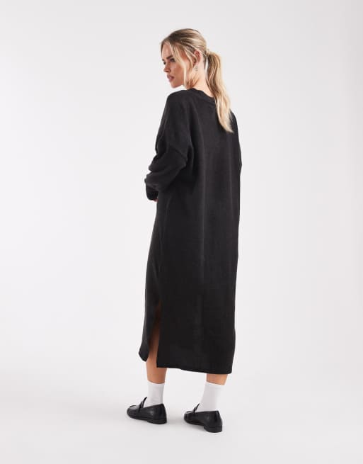 Vero Moda Petite - Vestito midi nero morbido in maglia a coste con scollo a V, 2 di 4