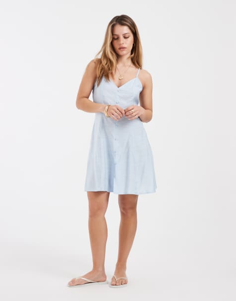 Vero Moda Petite - Vestito skater corto azzurro con spalline sottili e bottoni sul davanti - view 1