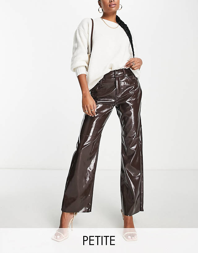 Vero Moda Petite - vinyl high rise straight leg trousers in brown