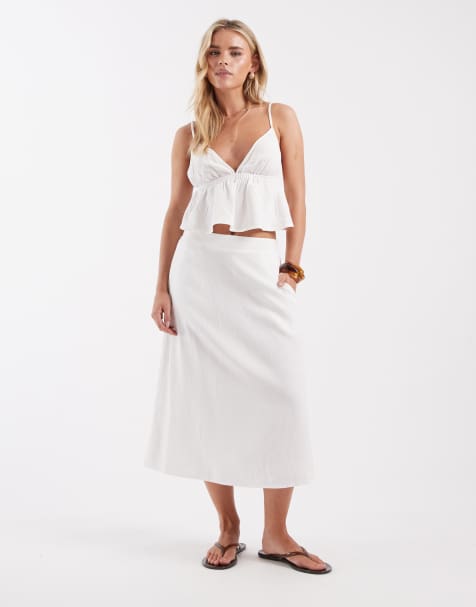 Vero Moda Petite – Vitt set i linnelook med topp med axelband och midikjol - view 1