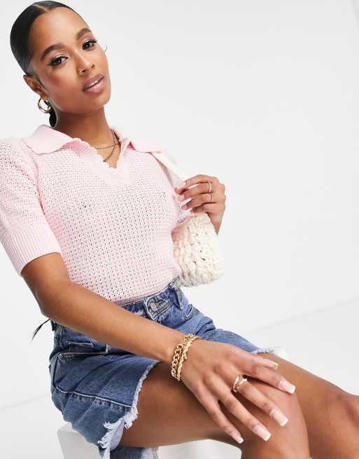 Vero Moda Petite waffled knit collared jumper in pink, 4 of 4