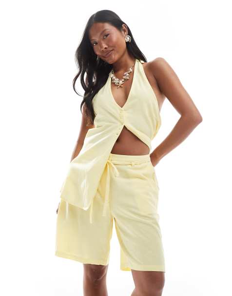 Vero Moda Petite tie waist short co-ord in pale yellow