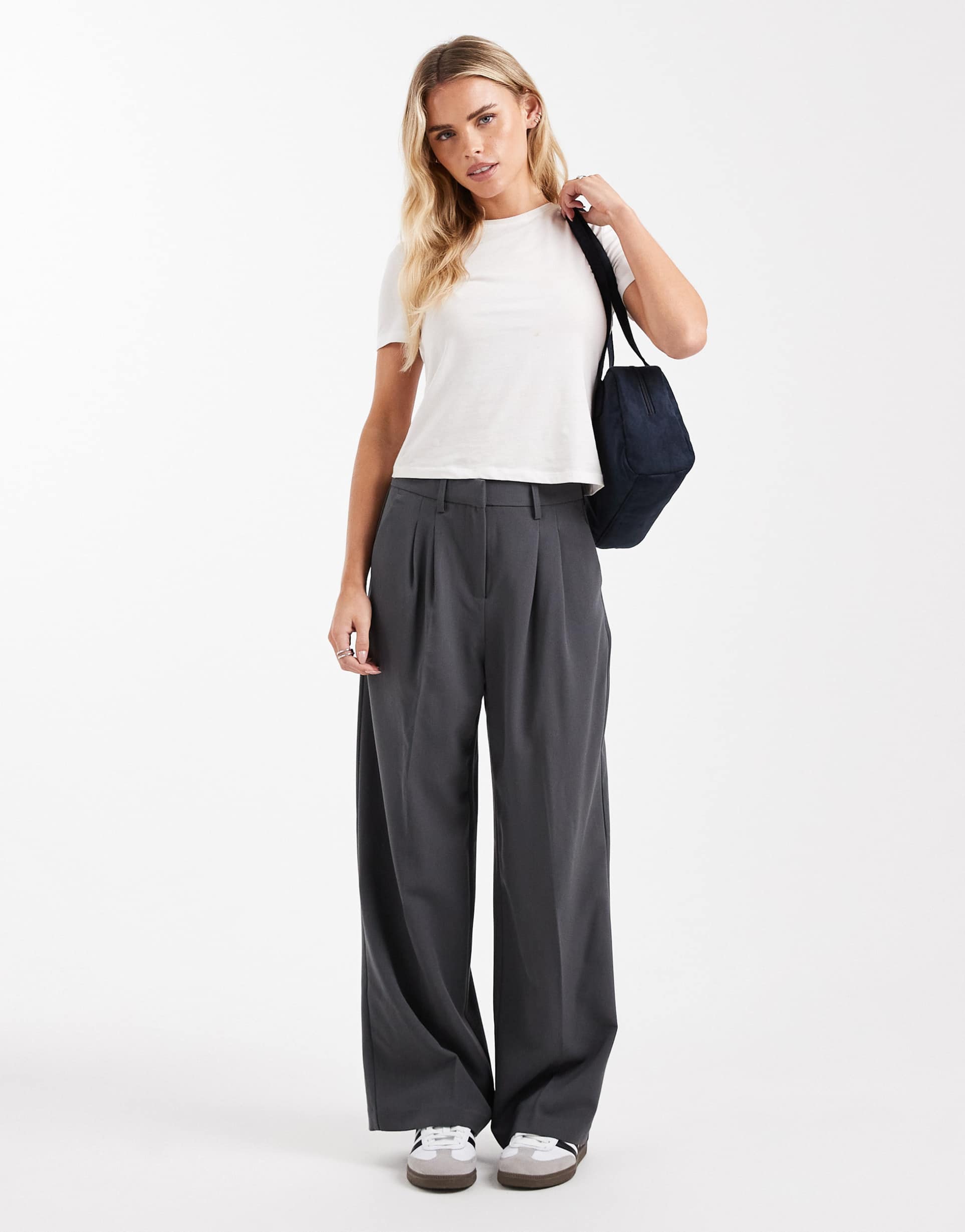 vero moda petite wide leg dad pants in gray