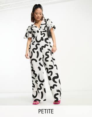 Vero Moda Petite Wide Leg Jumpsuit In Mono Abstract Print-multi