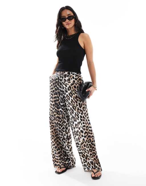 Vero Moda Petite wide leg pull on trousers in leopard print
