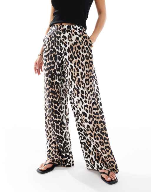 Vero Moda Petite wide leg pull on trousers in leopard print