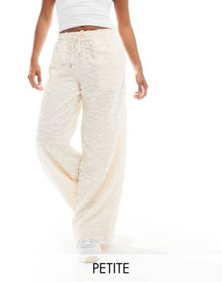 wide leg tie waist pants with textured applique in cream-White