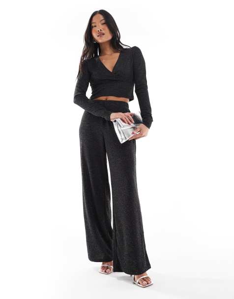 Vero Moda Petite wide leg trouser co-ord in black glitter - view 1
