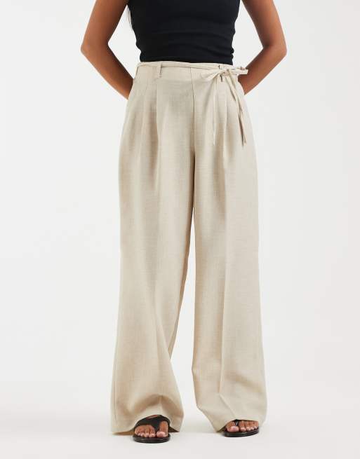 Vero Moda Petite woven pleat front tailored trouser with tie waist in stone, 2 of 5