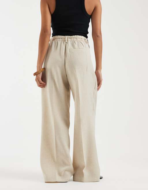 Vero Moda Petite woven pleat front tailored trouser with tie waist in stone, 4 of 5