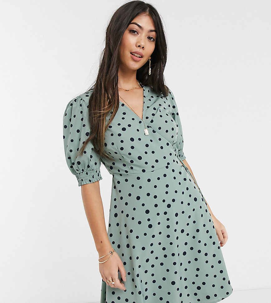 Vero Moda Petite wrap dress with puff sleeves in grey spot-Blue