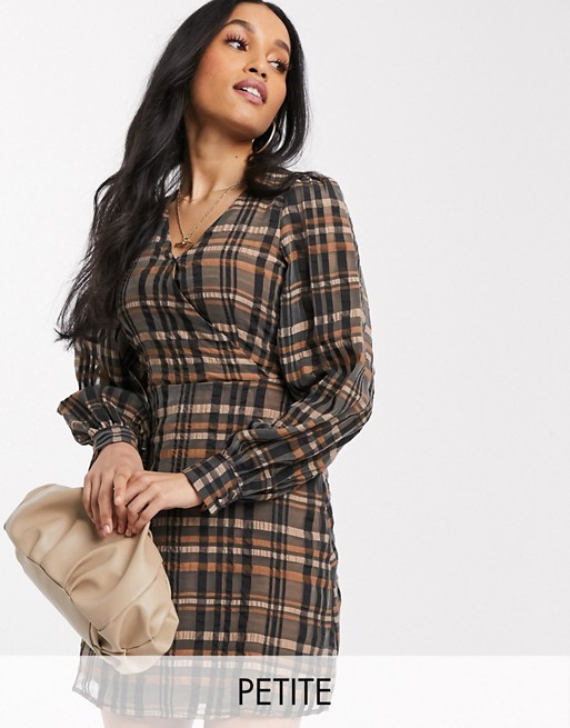 Vero Moda Petite wrap dress with volume sleeves in brown check