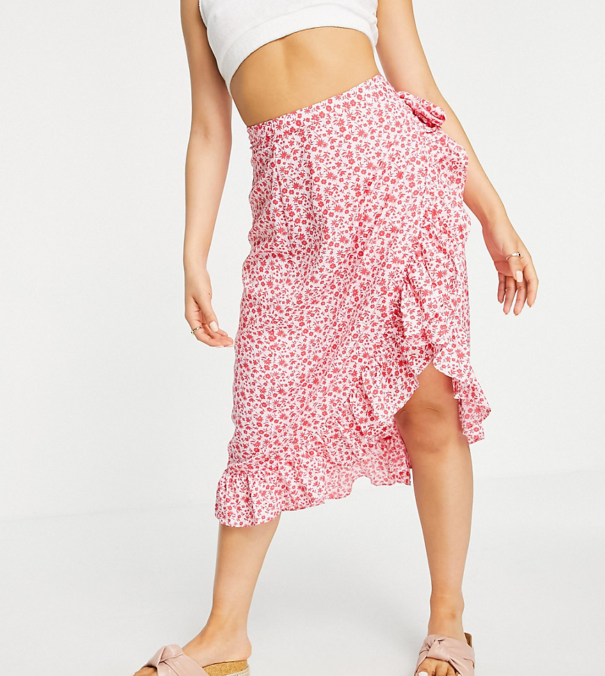 Vero Moda Petite wrap frill midi skirt in pink floral