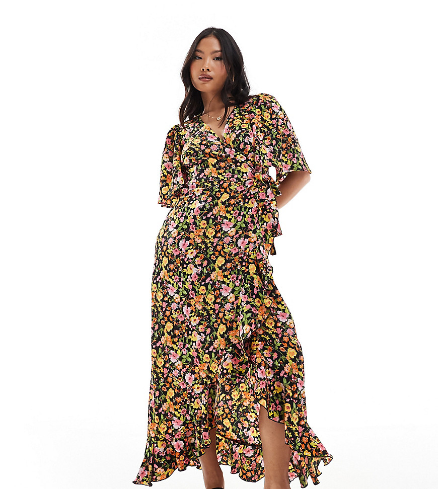 Vero Moda Petite wrap front maxi dress in dark floral print-Multi
