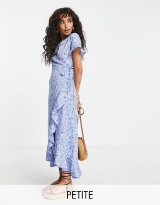 Vero Moda Petite wrap front maxi tea dress in blue floral