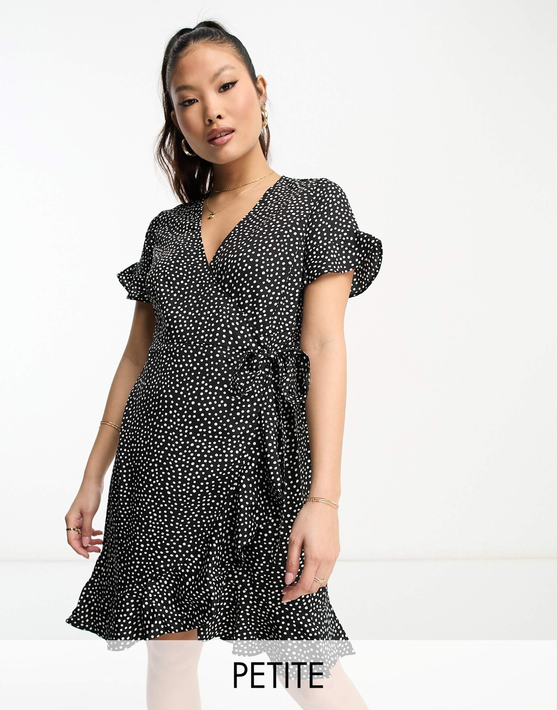 vero moda petite wrap mini dress in black spot print