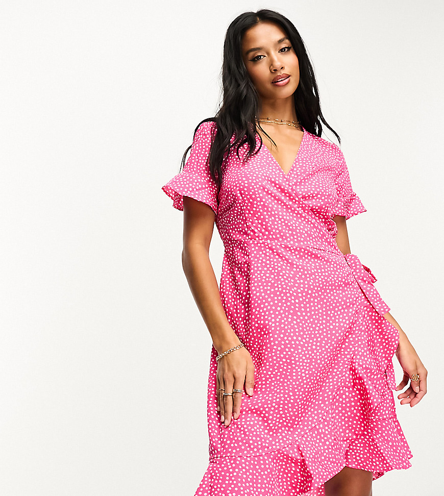 wrap mini dress in pink dot print