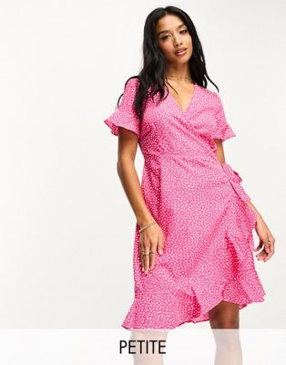 Vero Moda Petite wrap mini dress in pink spot print