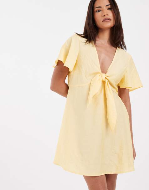 Vero Moda Petite – Złotożółta sukienka mini z gniecionej tkaniny z wiązaniem z przodu - view 1