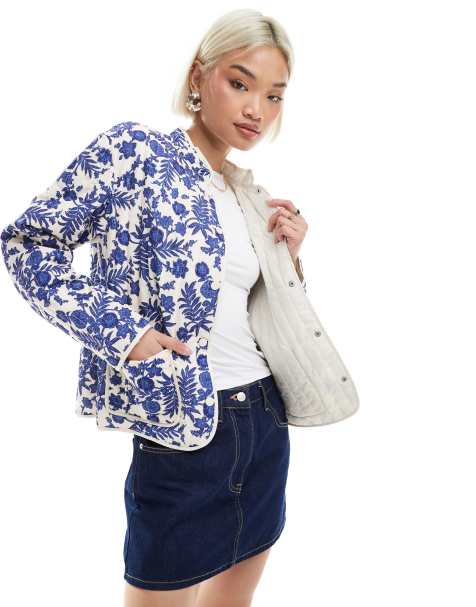 Vero Moda quilted jacket in cream and blue floral print