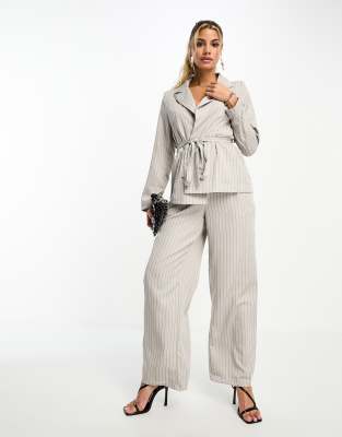 Vero Moda Pinstripe Relaxed Belted Blazer In Gray - Part Of A Set