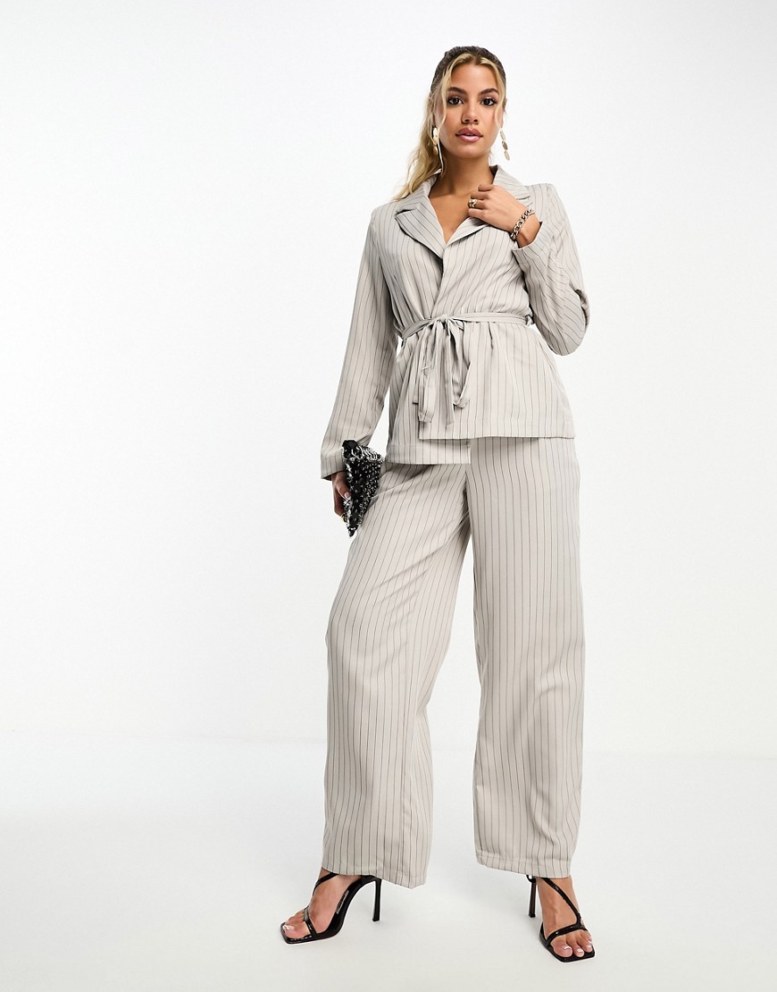 Shop Vero Moda Pinstripe Relaxed Belted Blazer In Gray - Part Of A Set