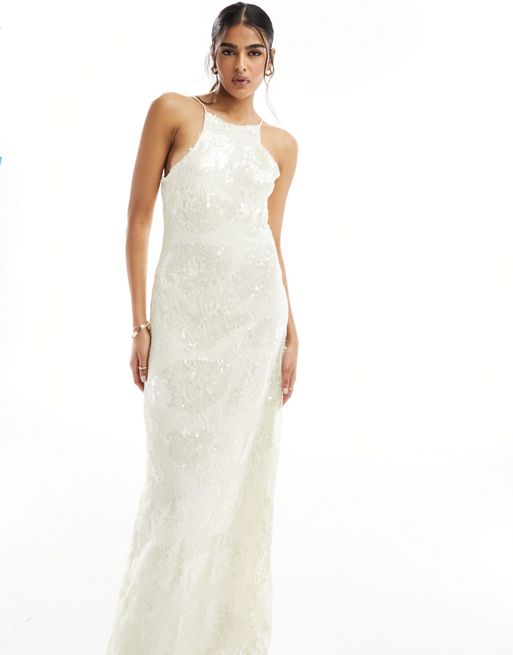 Vero Moda placement sequin maxi dress in off white | ASOS