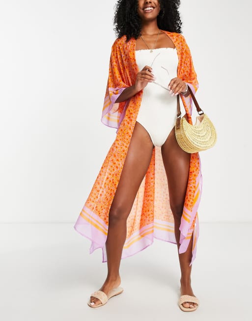 Vero Moda – Plażowy kaftan w pomarańczowo-liliowy wzór