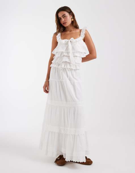 Vero Moda pleat and lace detail tiered boho maxi skirt in white - part of a set - view 1