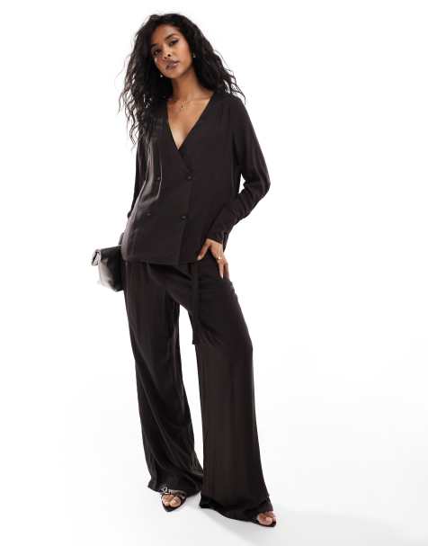 Vero Moda pleat front satin trouser co-ord in chocolate - view 1