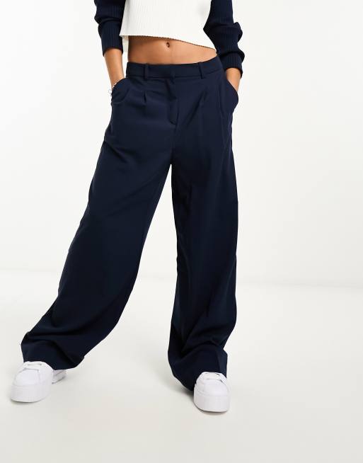 Vero Moda pleat front wide leg dad pants in navy | ASOS