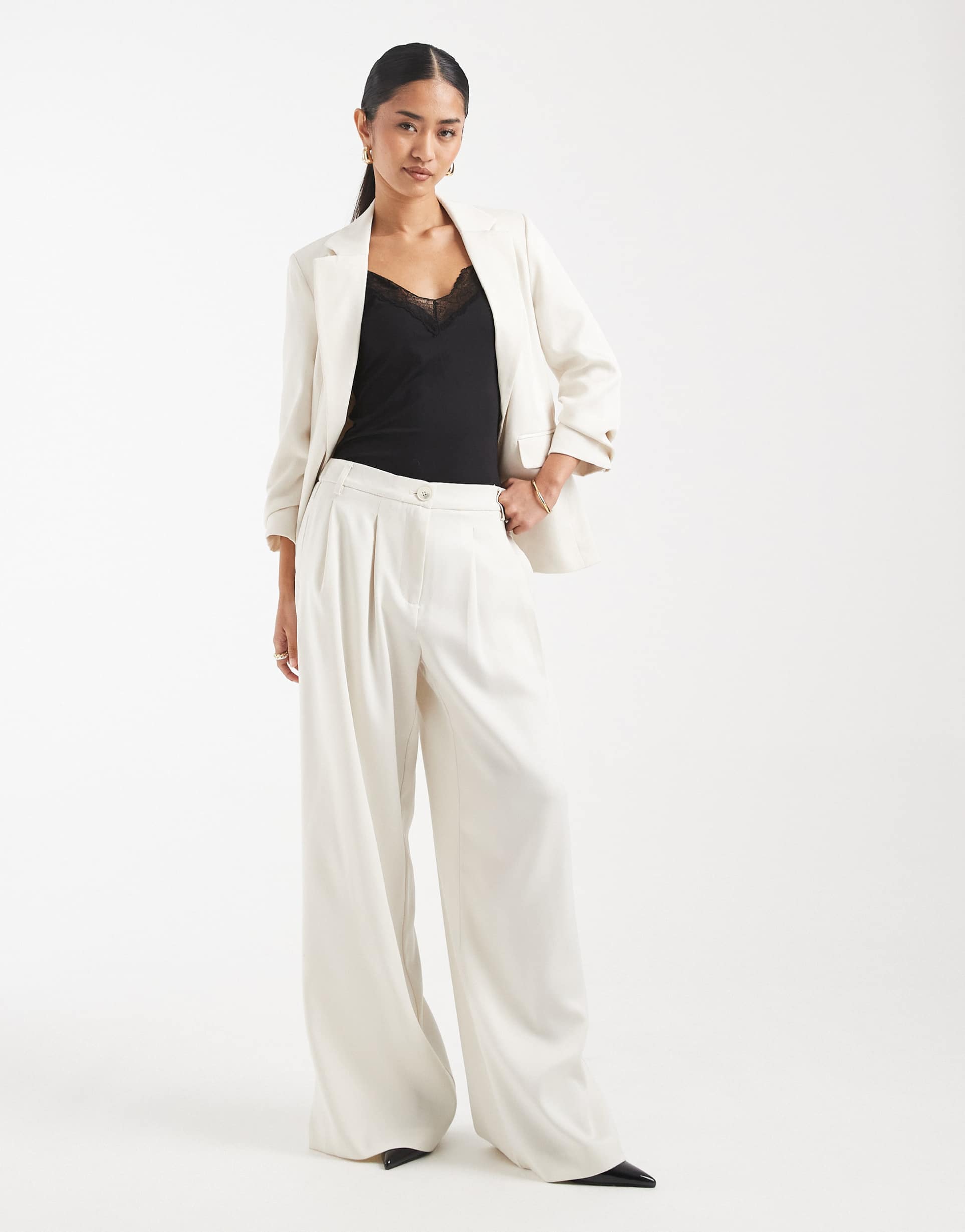 vero moda pleated front wide leg tailored pants in birch - part of a set