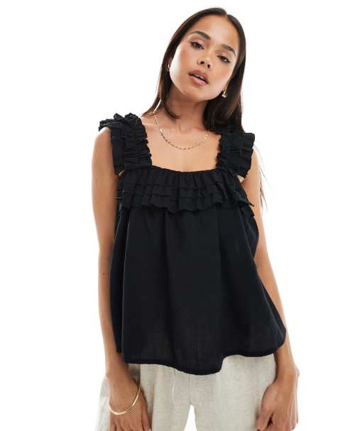 Vero moda pleated ruffle trim cami in black - view 1