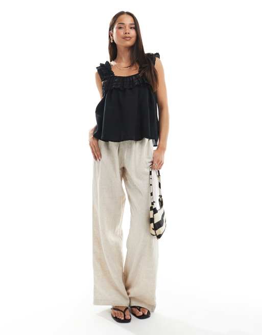 Vero Moda pleated ruffle trim cami top in black