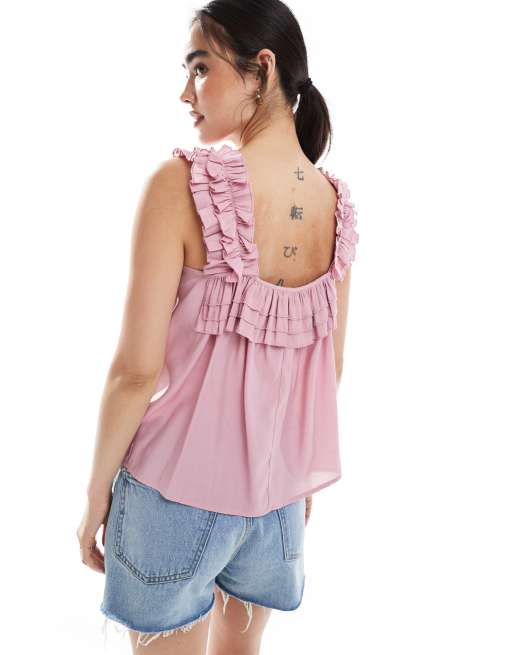 Vero Moda pleated ruffle trim cami in pink