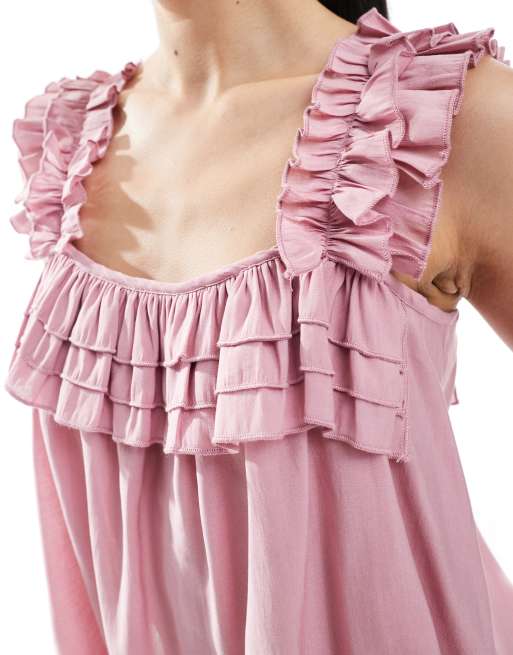 Vero Moda pleated ruffle trim cami in pink