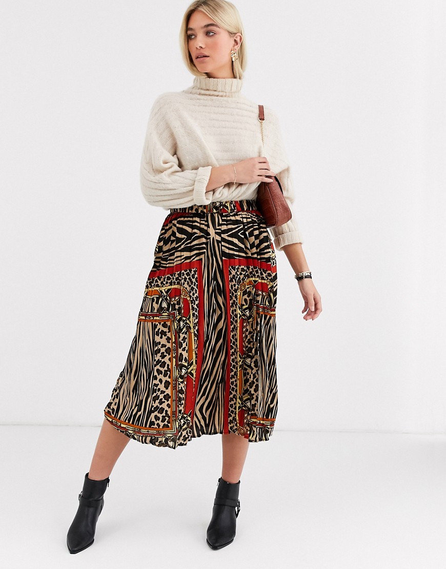 Vero Moda pleated scarf print midi skirt-Multi