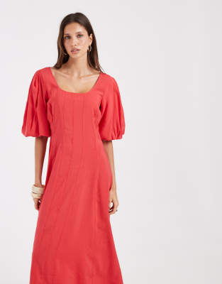Vero Moda Pleated Seam Detail Puff Sleeve Midi Dress In Red