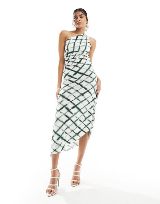 Vero Moda – Plisowana sukienka maxi na jedno ramię w kratę z efektem tie-dye