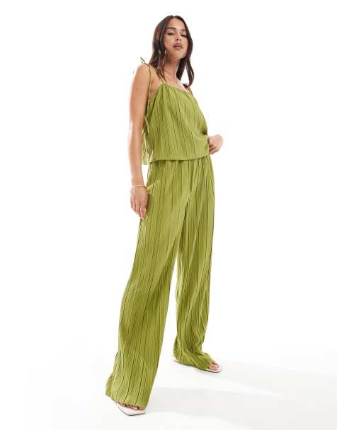 Vero Moda - Plissé broek met hoge taille in olijfgroen, deel van co-ord set - view 1